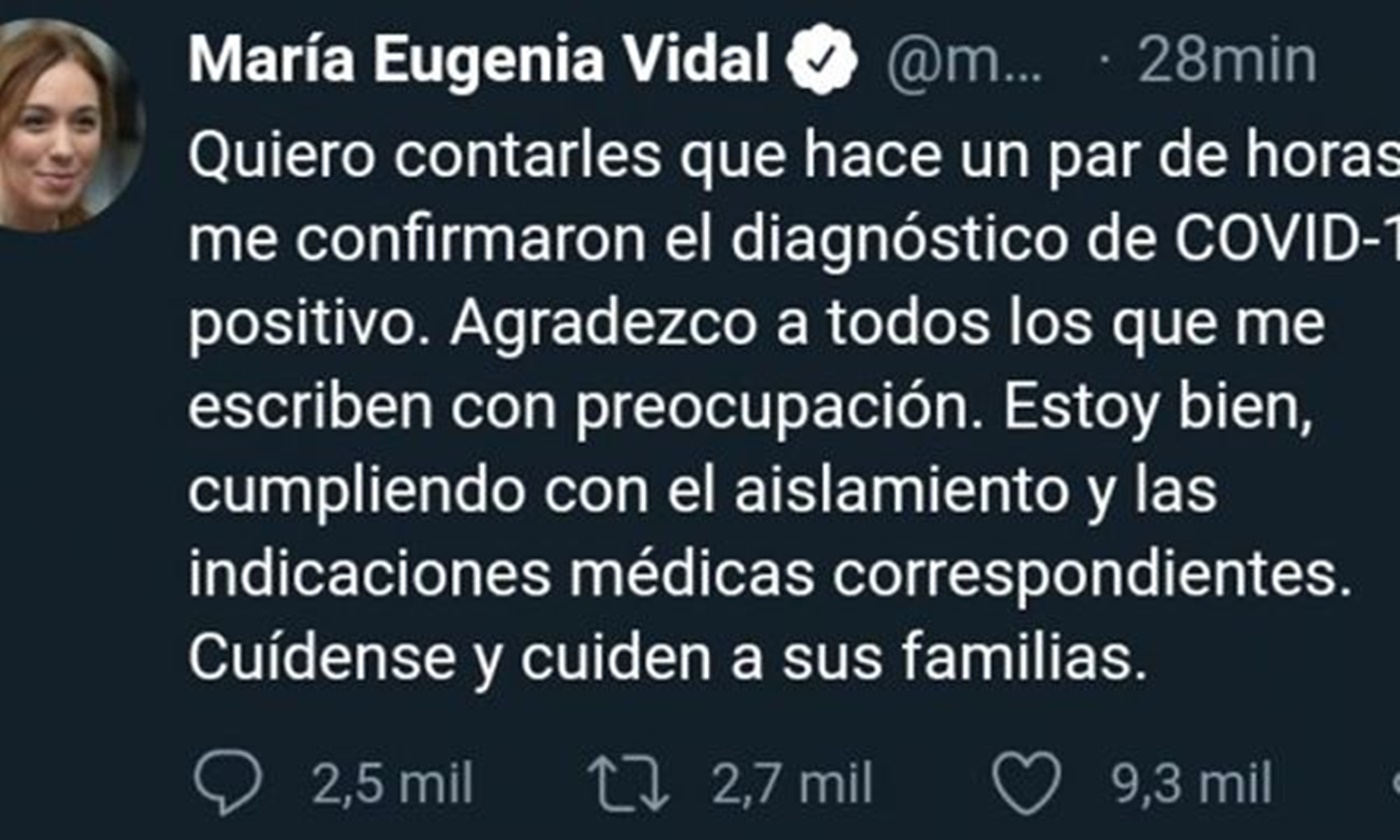 María Eugenia Vidal dio positivo de coronavirus